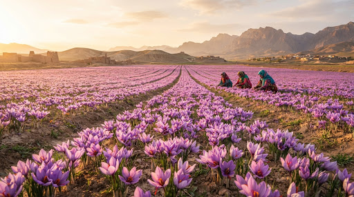 Saffron harvest in the fields of Khorasan at dawn